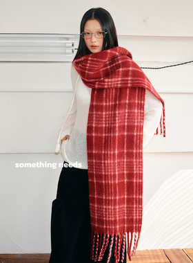 郑佰万 超绝氛围感安克拉红格子围巾女冬季防寒护颈围脖情侣韩系