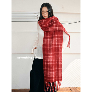 郑佰万 超绝氛围感安克拉红格子围巾女冬季防寒护颈围脖情侣韩系