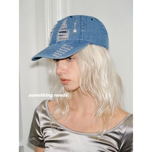 干饭宝宝!时髦复古破洞棒球帽女春夏街头牛仔鸭舌帽子潮情侣韩版