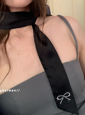 郑佰万 时髦烫钻设计 丝巾飘带发带绑发jennie领巾黑色蝴蝶结春夏