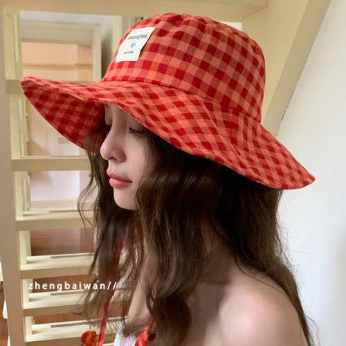 格子盆帽女宽檐防紫外线显脸小