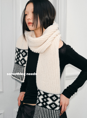 郑佰万 拼色针织围巾女冬季2024新款保暖韩系氛围感毛线围脖百搭