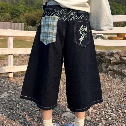 美式复古街头格子拼接刺绣2026年夏季牛仔短裤宽松直筒阔腿七分裤