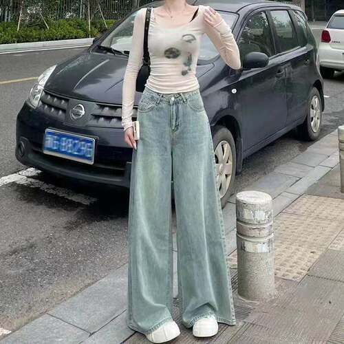 浅蓝复古阔腿牛仔裤女夏季薄款高腰显瘦大摆裙裤象腿大裤脚拖地裤