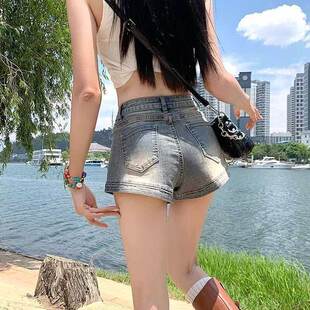 性感辣妹热裤牛仔短裤女款夏季高腰显瘦弹力a字包臀直筒阔腿裤子