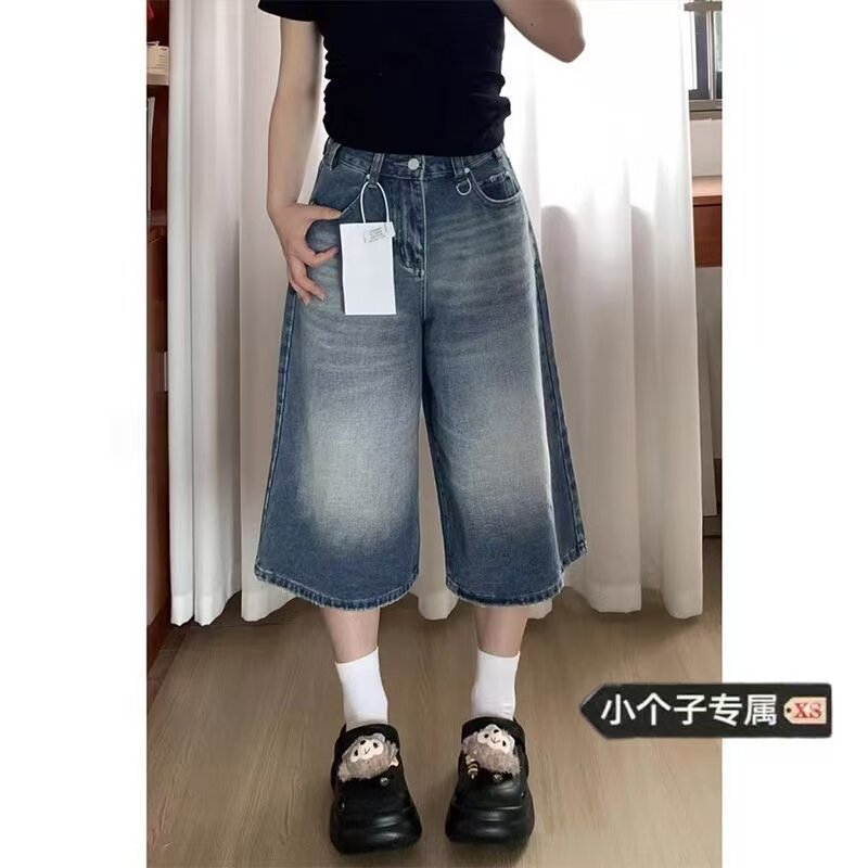 美式街头做旧七分牛仔短裤女2026春季新款高腰宽松百搭磨边阔腿裤