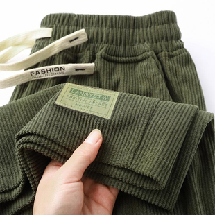 美式 宽松针织军绿色运动休闲五分裤 复古灯芯绒短裤 夏季 男 男士 新款