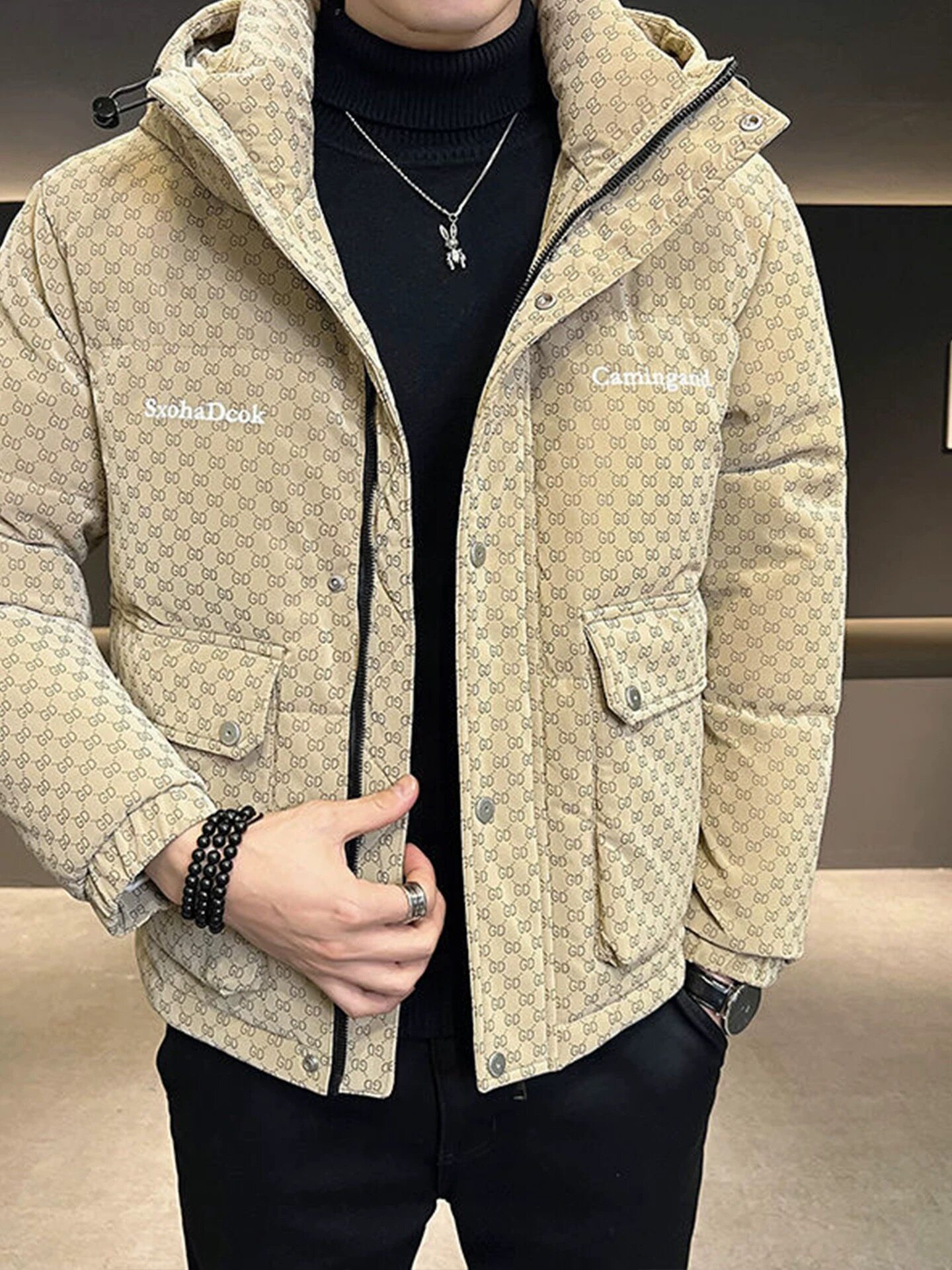 2025冬季新款时尚潮牌连帽PU皮羽绒服潮男冬天高端90鸭绒棒球外套