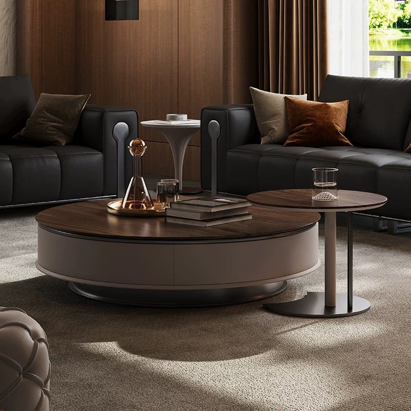 意式轻奢黑胡桃木面茶几大小圆茶几高级感设计师天然大理石茶几