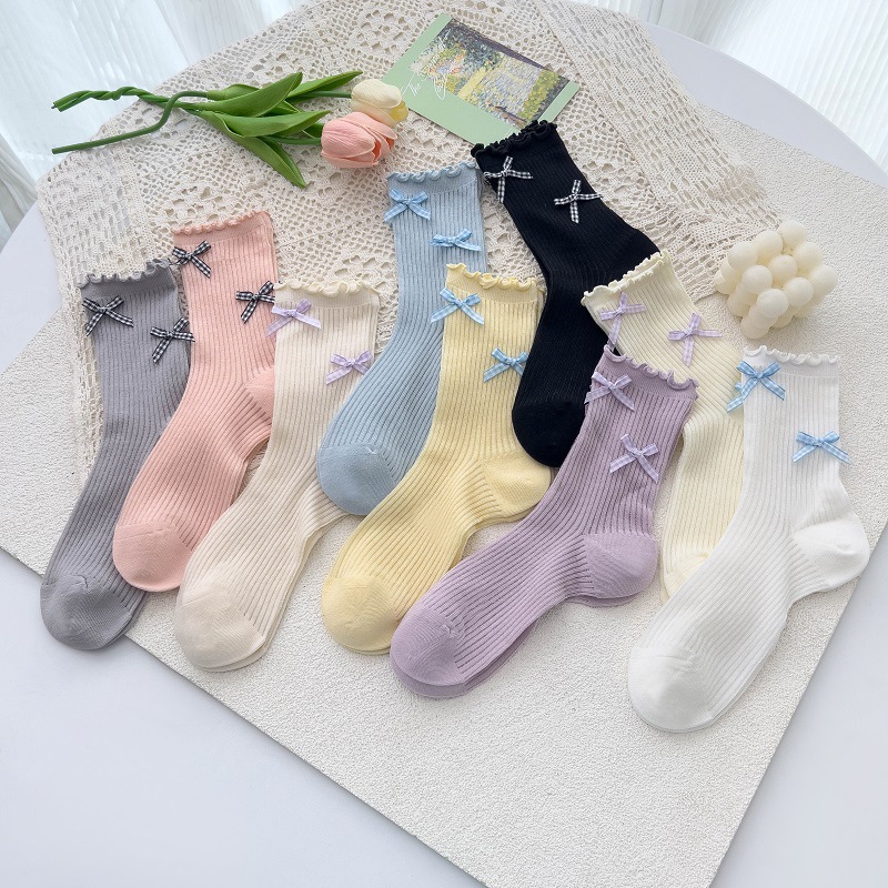 袜子女芭蕾风jk中筒袜夏季薄款蝴蝶结饰品日系洛丽塔木耳边堆堆袜