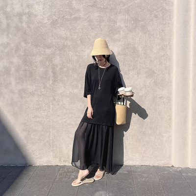 GRACETINAHOO春新97%天丝慵懒背心拼纱连衣裙廓形T恤套装TZB406