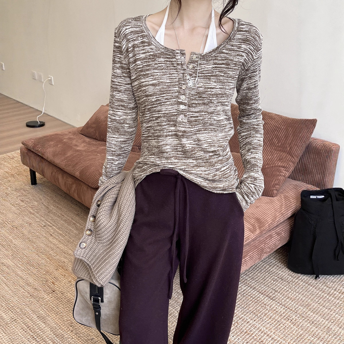 GRACETINAHOO真两件法式花纱针织慵懒长袖T恤吊带套装TB123