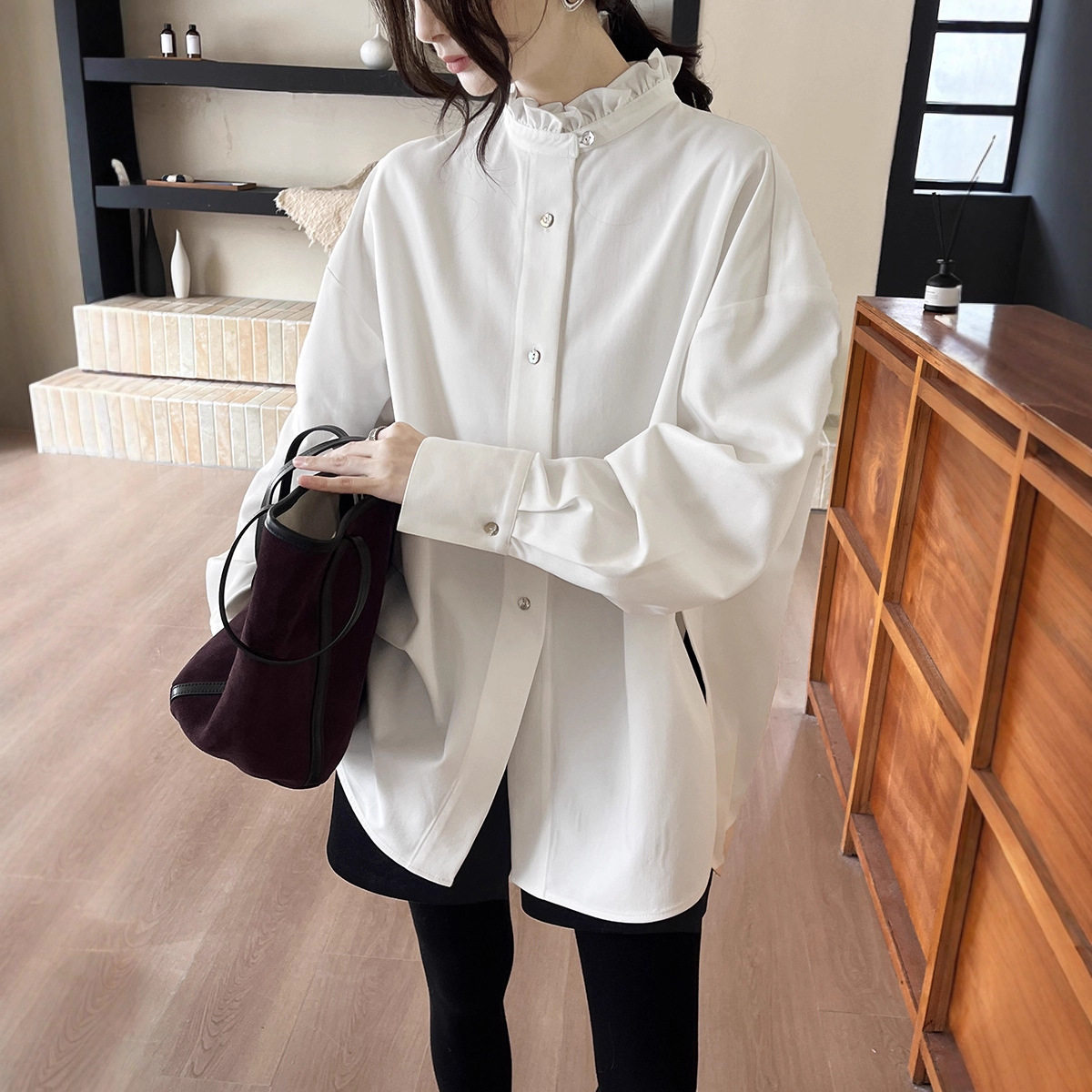 GRACETINAHOO冬法式雾感斜纹肌理木耳边立领廓形慵懒衬衫CSA982