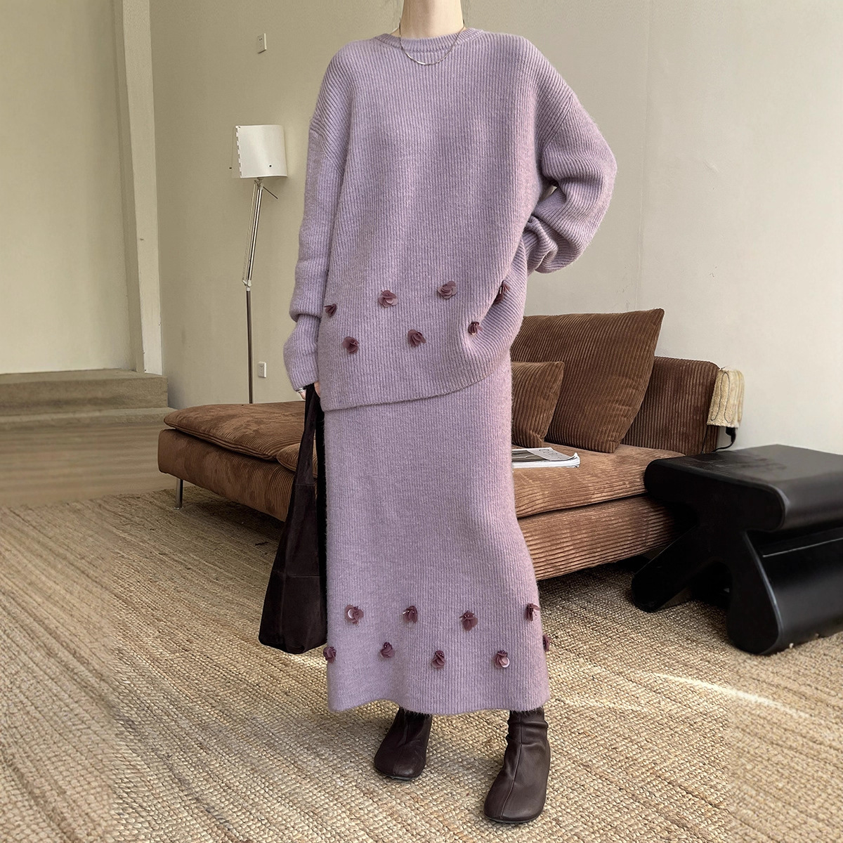 GRACETINAHOO冬上新8%羊毛法式手工钉珠套装毛衣半身裙套装ZC3183