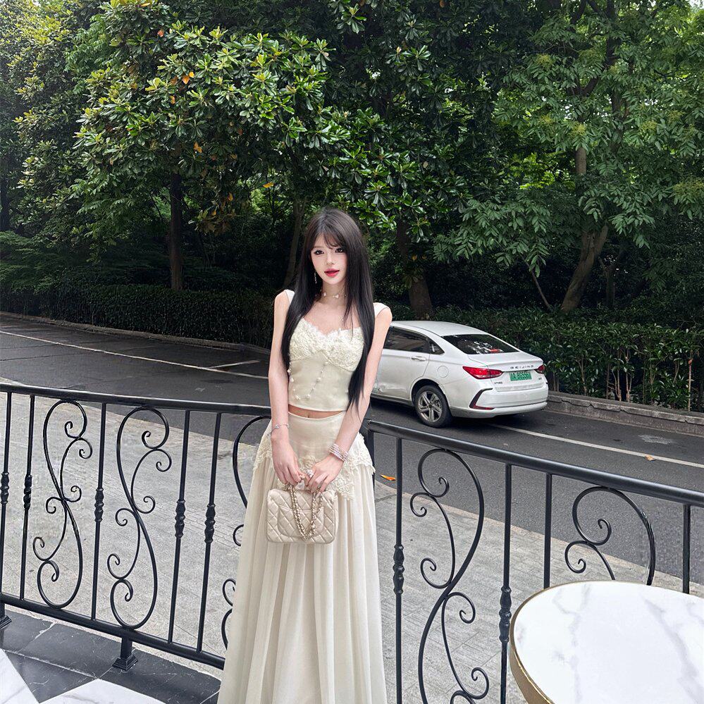 实拍蕾丝拼接纯欲无袖背心上衣女夏季套装高腰裙半身裙两件套