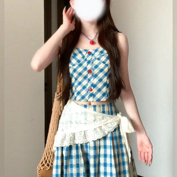 纯欲甜美风套装女复古格纹吊带半身裙蕾丝腰封三件套2026夏季新款