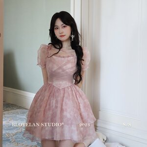 2024新款雾色伦敦夏季新款甜美公主短裙细闪印花高腰a字连衣裙女