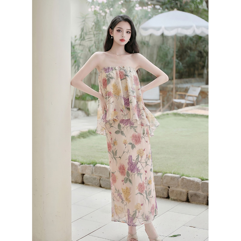 实拍SYA奚小西莫奈花园复古碎花抹胸套装女夏温柔鱼尾半裙两件套