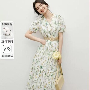 红袖泡泡袖连衣裙2026夏季新款女装醒春集收腰100%棉碎花裙
