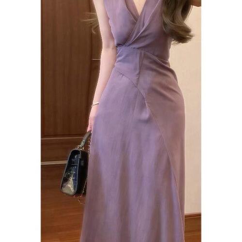 TYANG贰羊设计青宛气质紫色v领挂脖长裙女绑带设计感连衣裙子