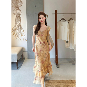 实拍 夏季新款女装法式优雅印花裙子短袖雪纺碎花连衣裙女