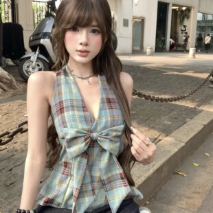 实拍 蝴蝶结格纹挂脖背心新款辣妹性感V领无袖收腰显瘦上衣女