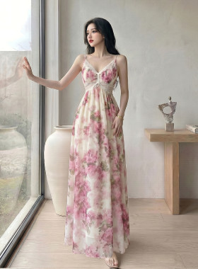 实拍Fart Shop花漾花海 V领绑带露背吊带连衣裙女春夏蕾丝修饰裙