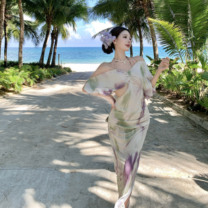 实拍多巴胺解构中式度假风胸垫连衣裙小众艺术海边氛围感长裙