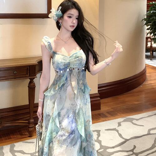 实拍复古性感V领吊带气质收腰显瘦连衣裙长裙女