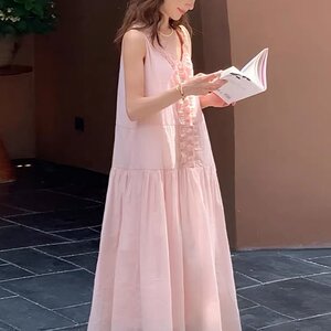 法式木耳边大摆长裙子女夏天甜美v领无袖背心连衣裙