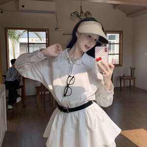 实拍有货~白色衬衫女春季韩版宽松收腰学院百褶A字连衣裙