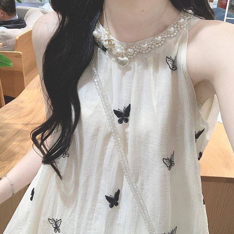 毛巾绣式初恋无袖挂脖刺绣连衣裙女夏季温柔风气质仙女绝美长裙