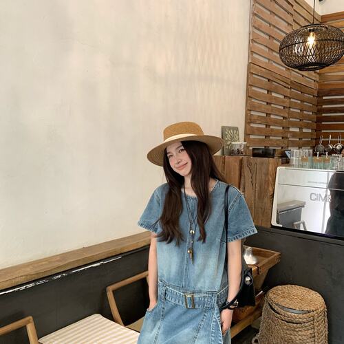 实拍 复古水洗宽松显瘦温柔风设计感小众短袖牛仔裙女