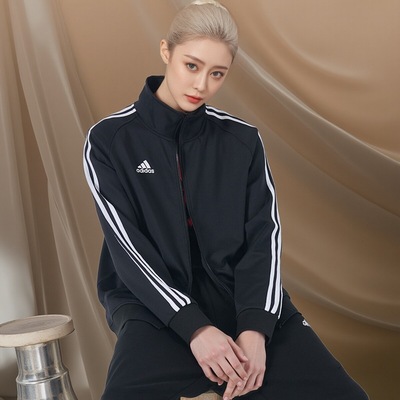 阿迪达斯春秋季外套男女黑白新款休闲运动立领梭织夹克TR30JT-BW