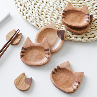 猫趣 创意家用餐桌实木猫咪造型味碟放筷子 可爱实木筷子架托 日式