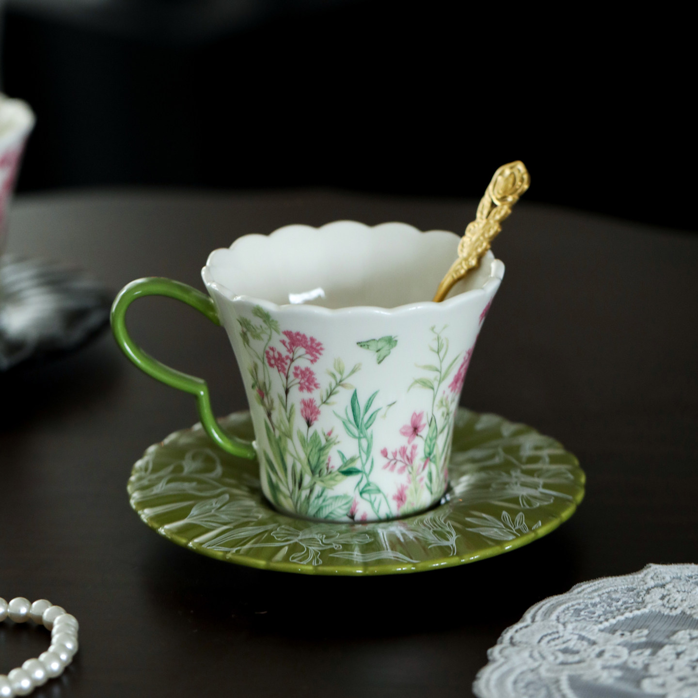 法式中古风vintage蝴蝶花卉陶瓷咖啡杯碟甜点下午红茶杯精美礼盒