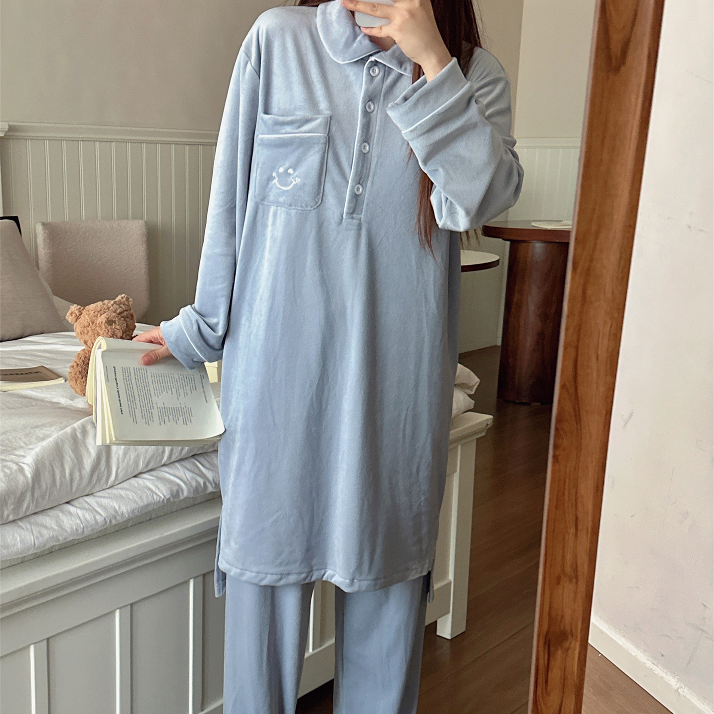 海岛绒睡衣女春秋季加绒加厚