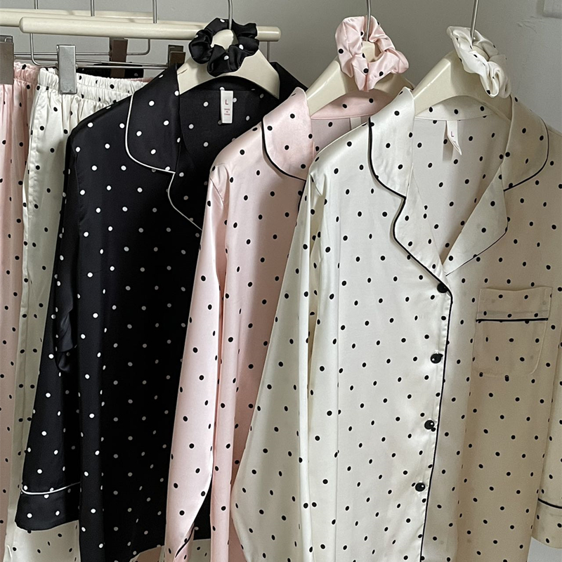 法式高级波点冰丝长袖睡衣女秋季新款大码家居服翻领开衫长裤套装