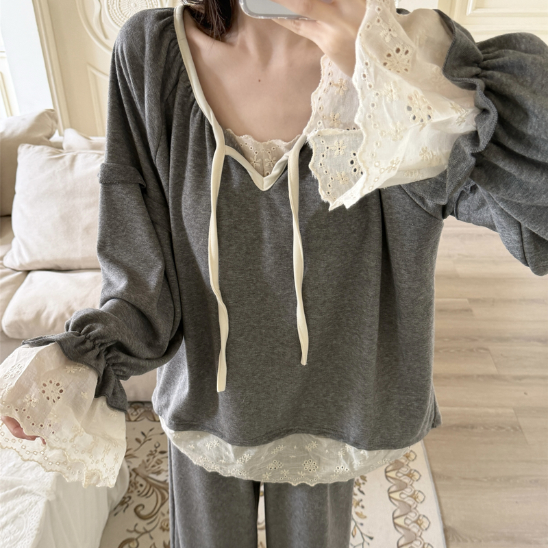 羊绒睡衣女秋冬款花边纯色公主风