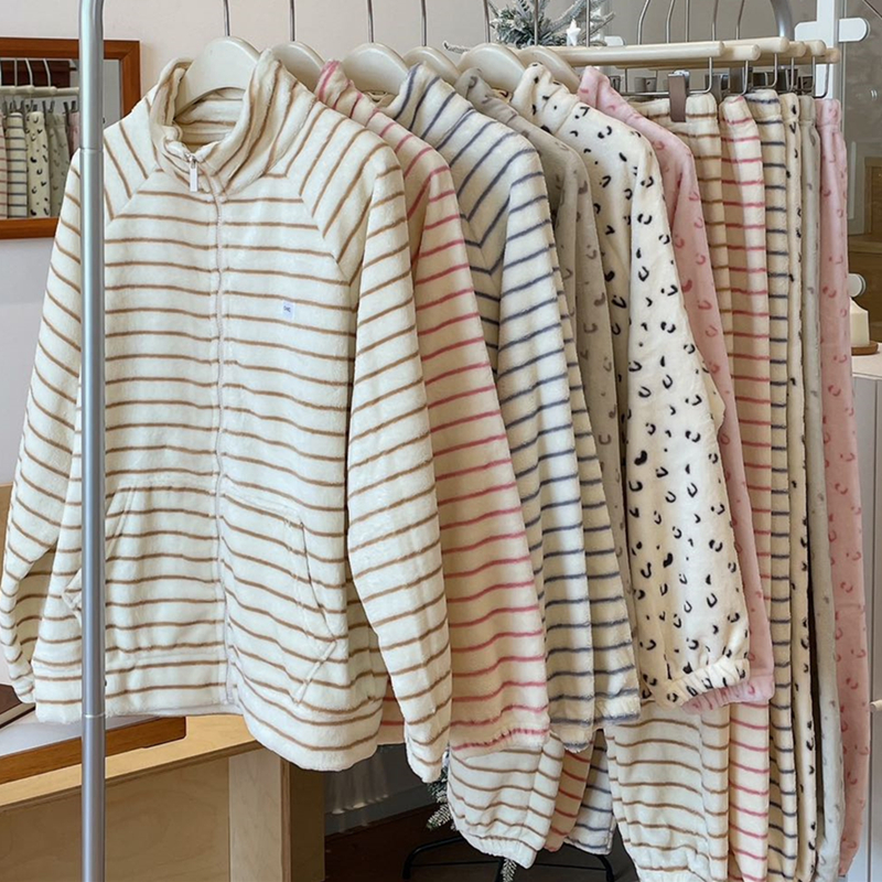 条纹拉链珊瑚绒睡衣杰艾娜女