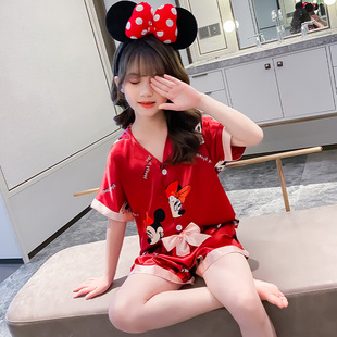 女童睡衣夏季冰丝薄款短袖儿童套装真丝绸中大童小女孩卡通家居服
