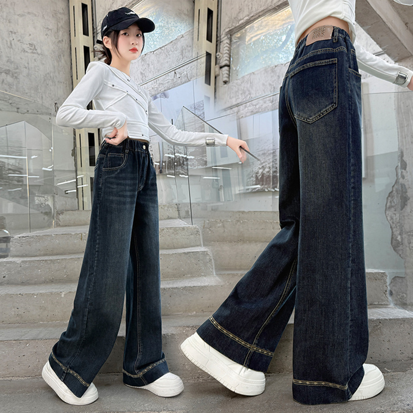 儿童春秋阔腿裤韩版新款女童洋气小女孩牛仔裤中大童宽松显瘦长裤