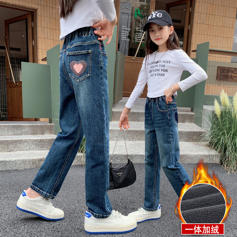 女童牛仔裤秋冬儿童加绒直筒长裤