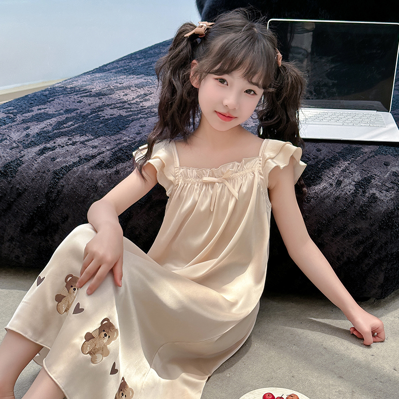 女童夏季冰丝睡裙薄家居服吊带裙