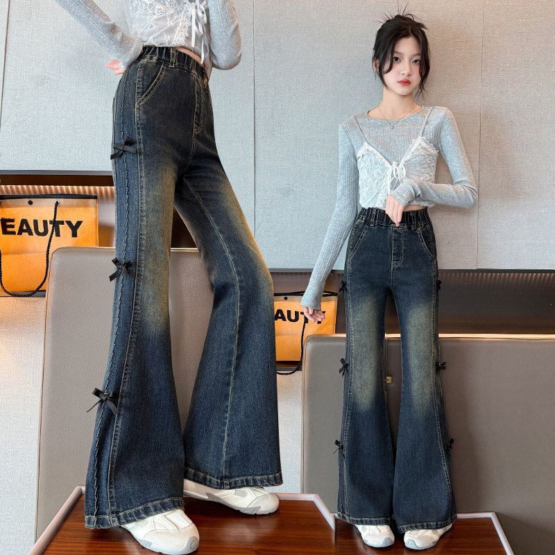 女童春秋牛仔裤韩版中大童洋气修身喇叭裤女孩时尚显瘦紧身裤长裤