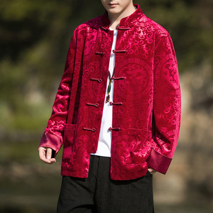 唐装 汉服大码 金丝绒夹克男中国风复古提花中式 秋冬季 红色上衣外套
