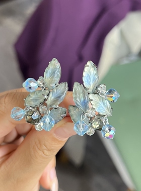 中古vintage 沙拉琉璃叶子莱茵石chacha 流苏 kramer 打标耳夹