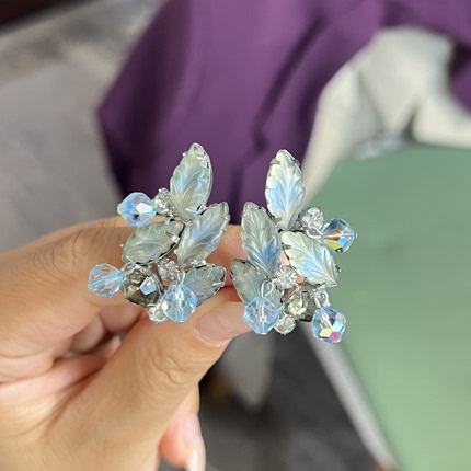 中古vintage 沙拉琉璃叶子莱茵石chacha 流苏 kramer 打标耳夹