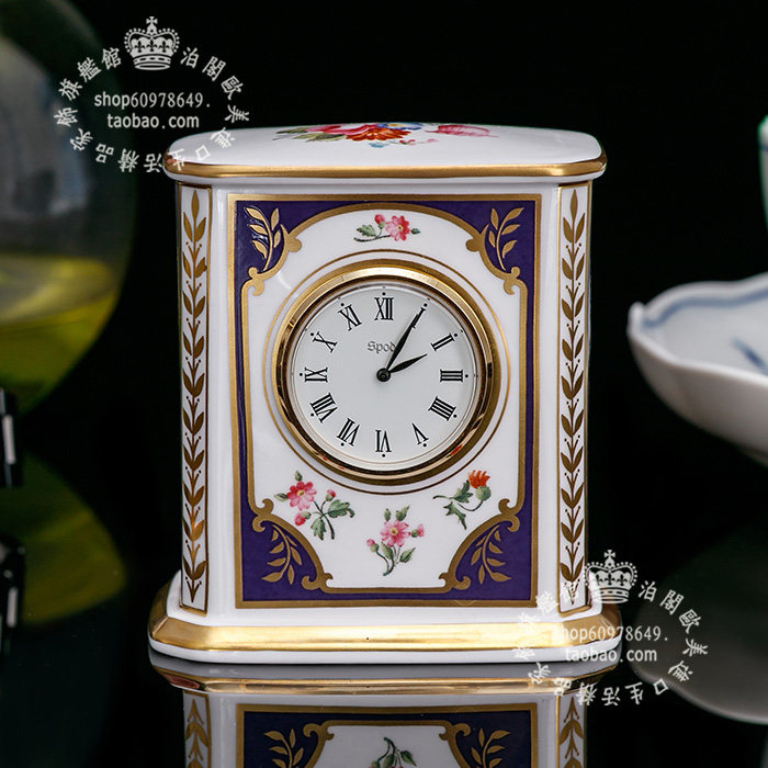 英国制 Spode 精美皇家玫瑰k金 陶瓷骨瓷桌钟座钟 卧室书房摆件