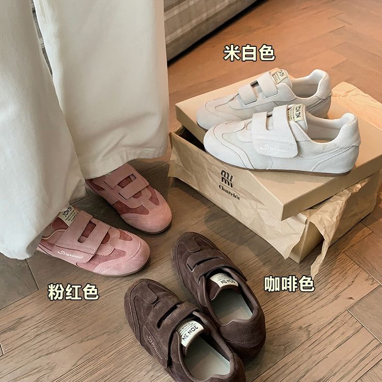 磨砂真皮圆头平底阿甘德训鞋女学院风魔术贴防滑软底休闲运动单鞋